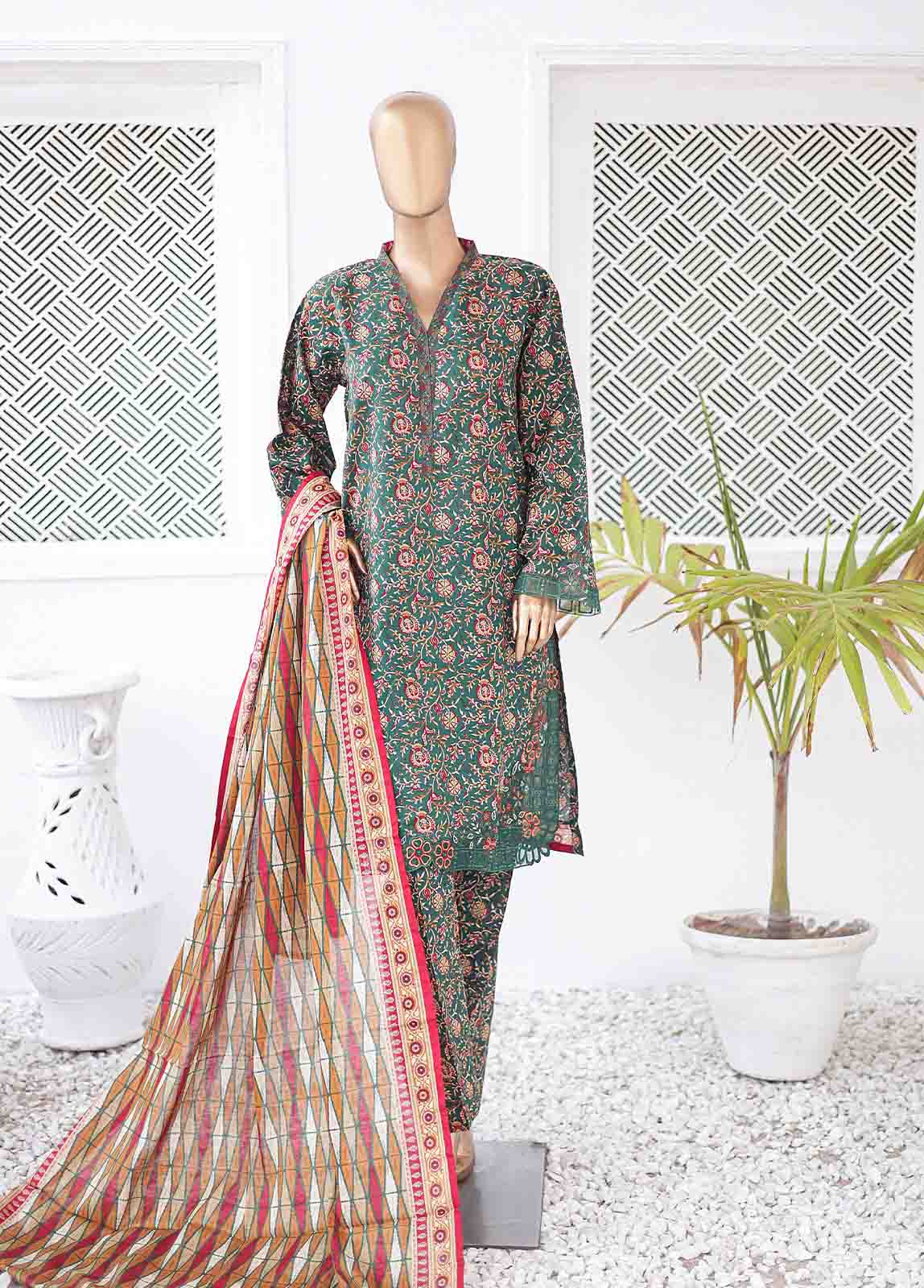 SMLE-0123- 3 Piece Embroidered Stitched Suit
