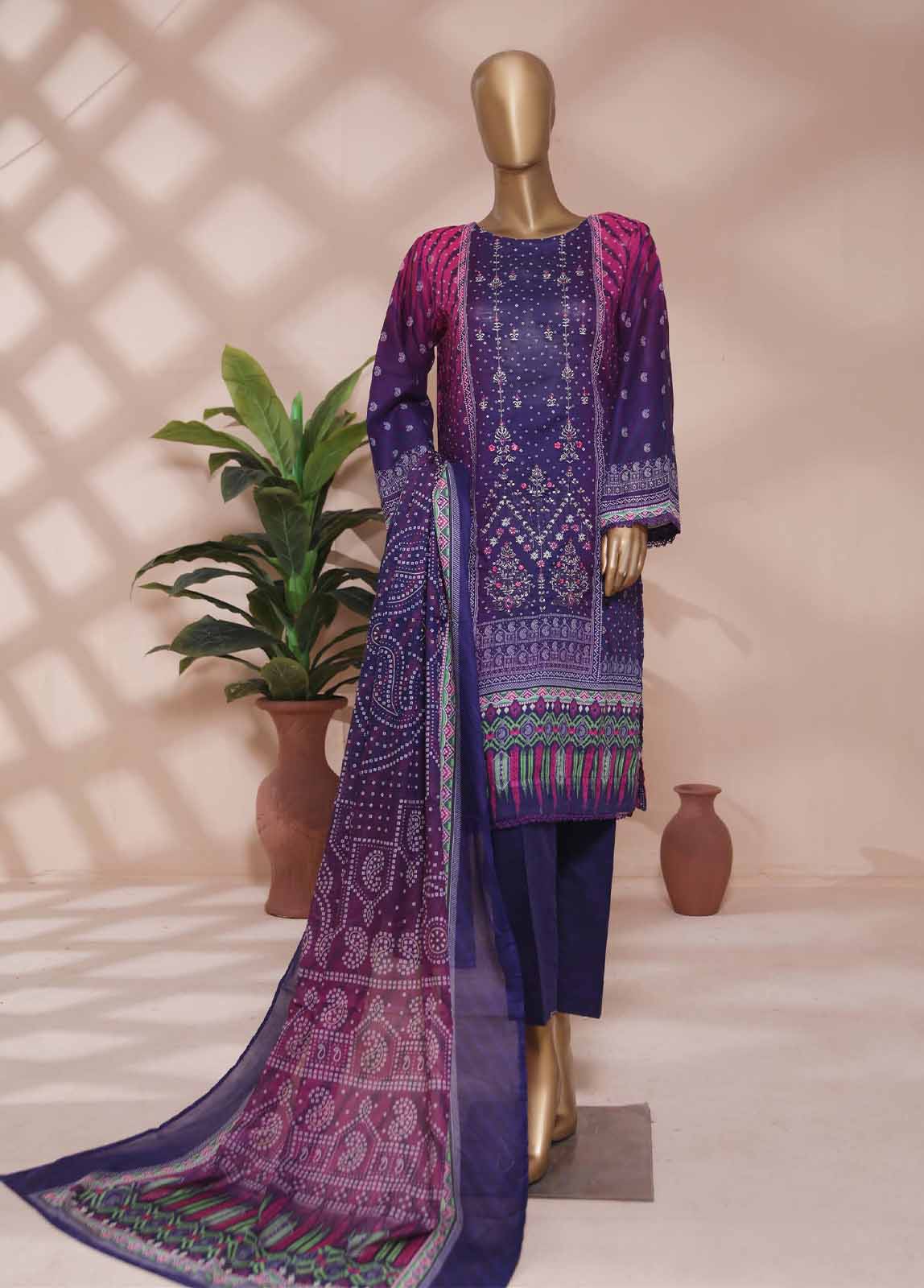 SMLE-0124- 3 Piece Embroidered Stitched Suit