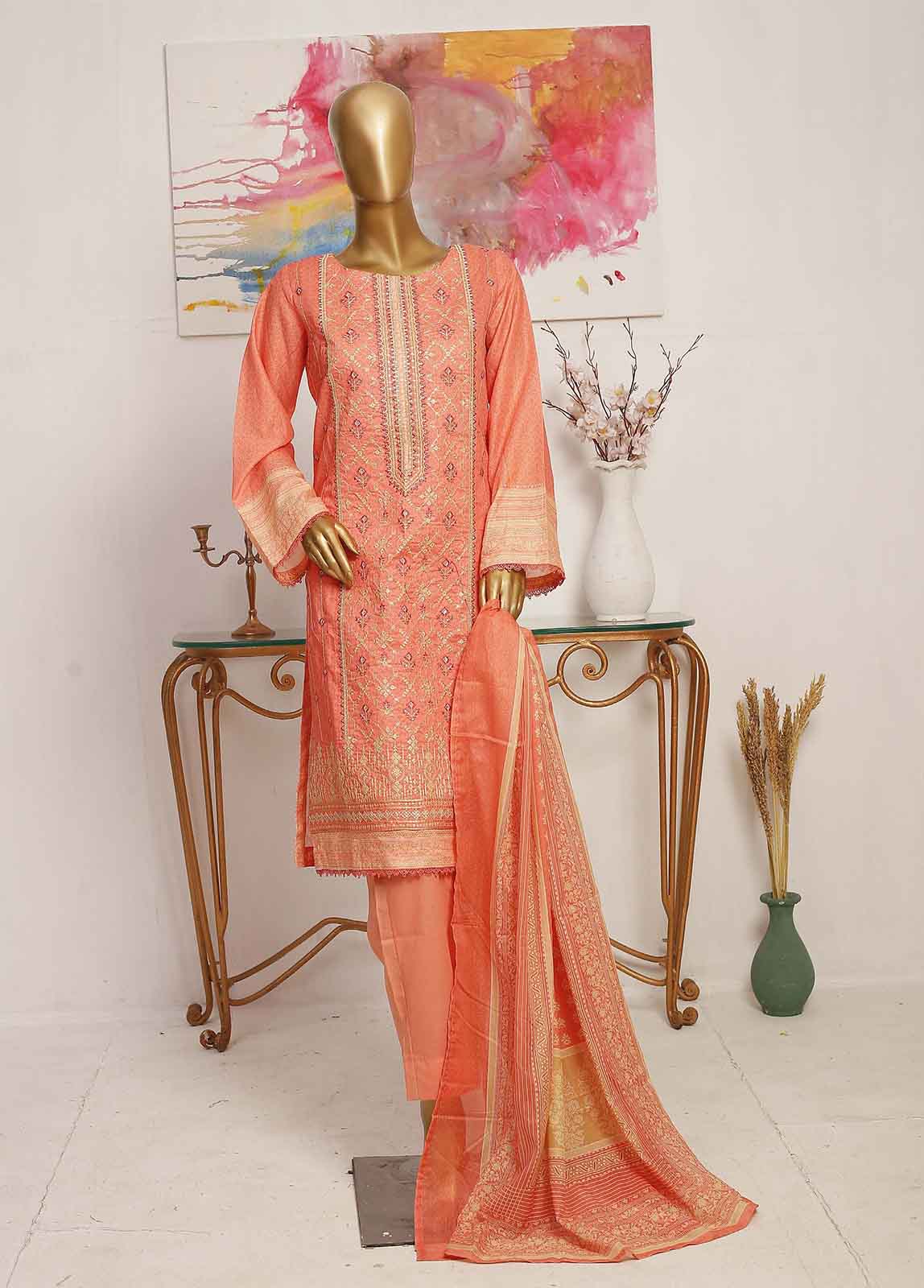 SMLE-0131- 3 Piece Embroidered Stitched Suit