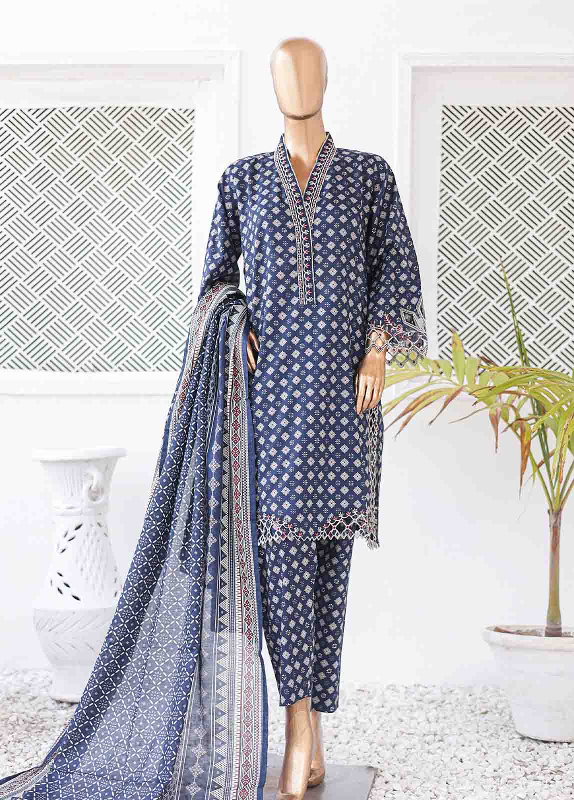 Bin Saeed Fabric - SMLE-0132 A-3 Piece Cutwork Kari Stitched Suit