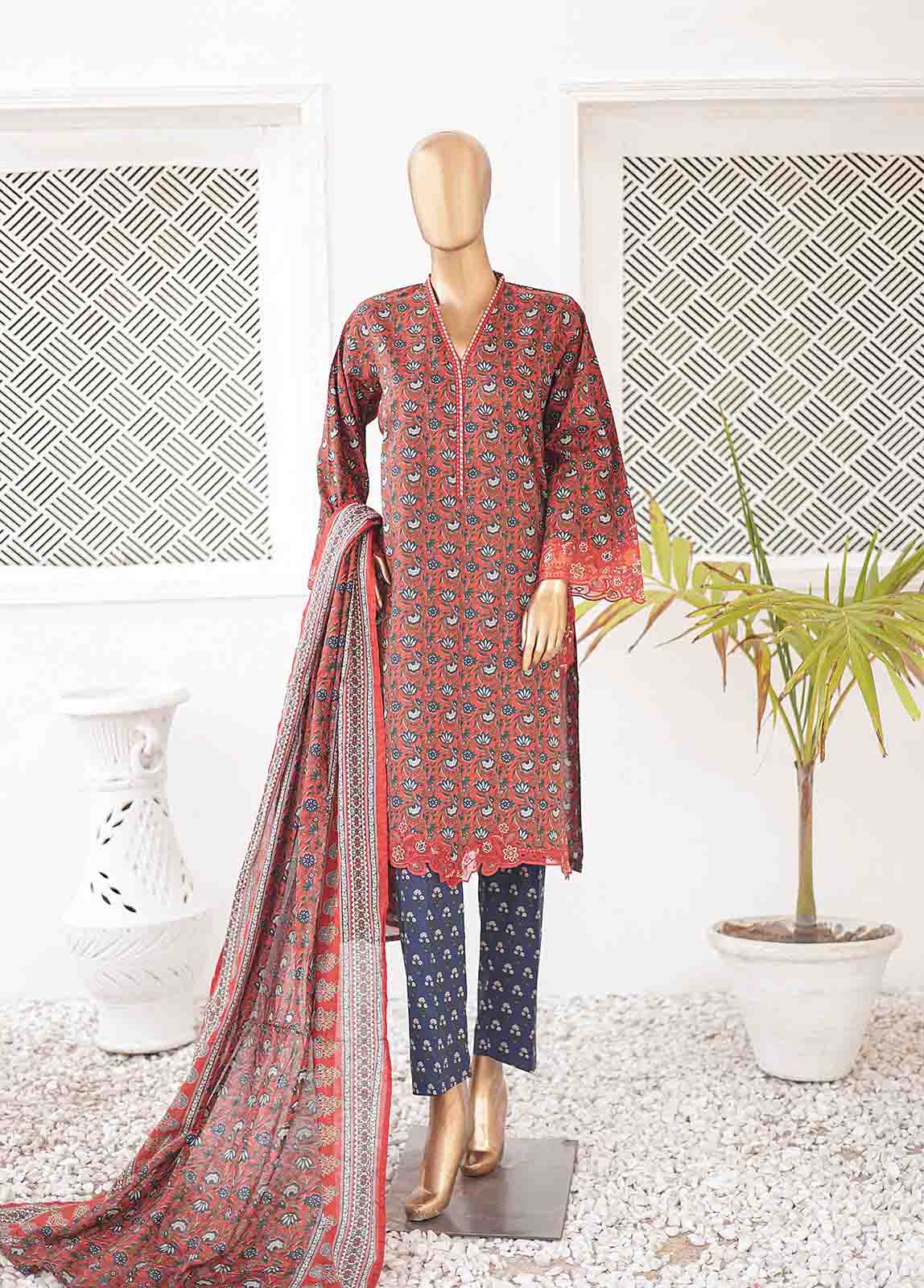 Bin Saeed Fabric - SMLE-0133-3 Piece Cutwork Kari Stitched Suit