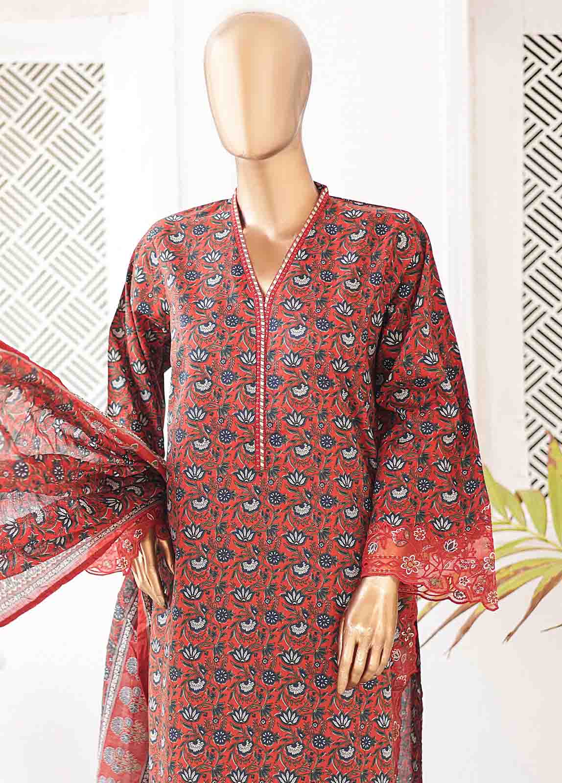 SMLE-0133- 3 Piece Embroidered Stitched Suit