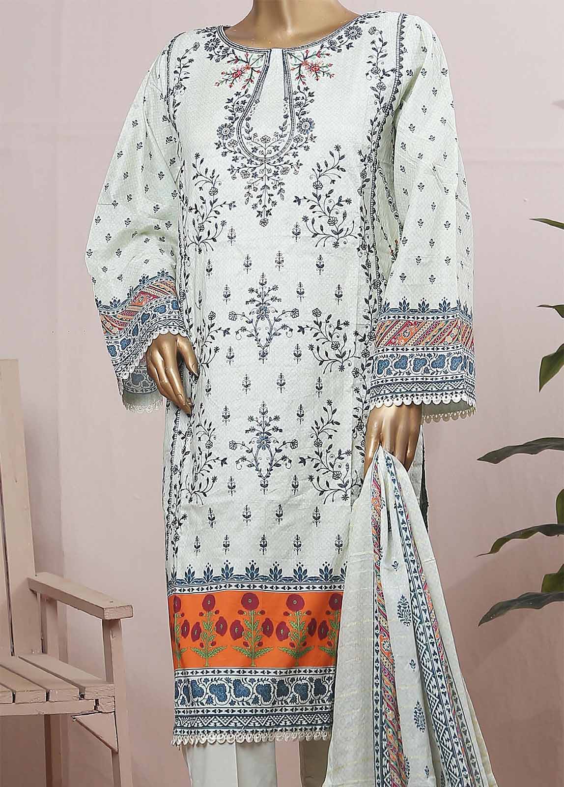 SMLE-0182- 3 Piece Embroidered Stitched Suit