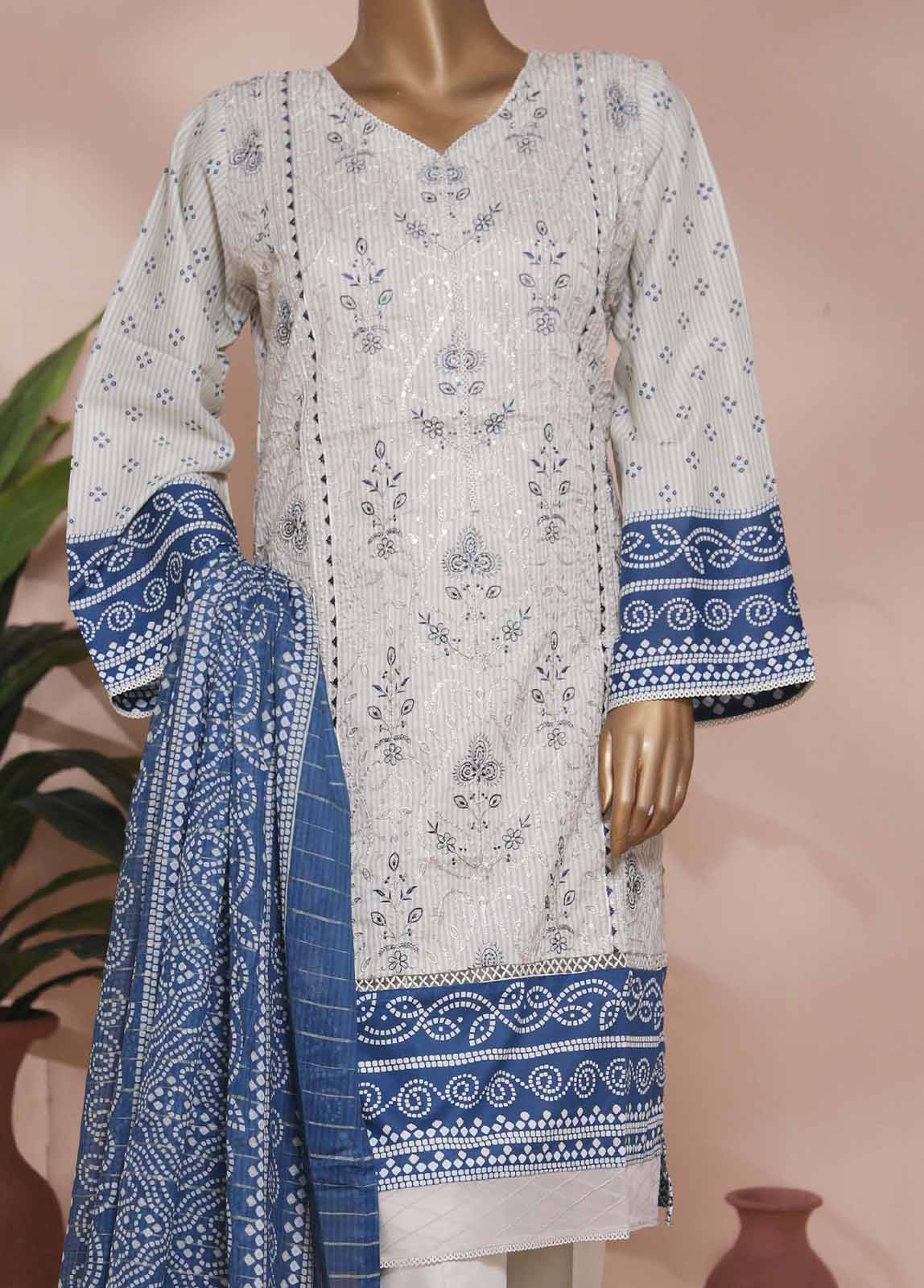 SMLE-0190- 3 Piece Embroidered Stitched Suit