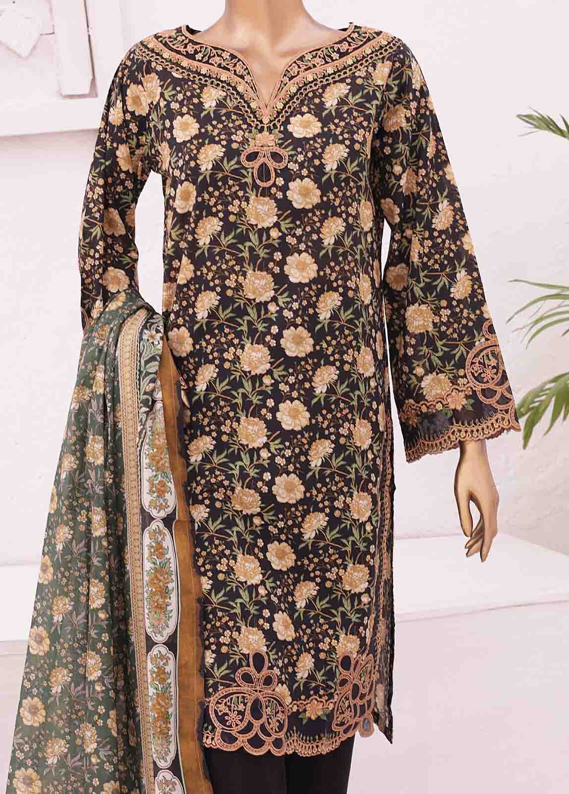 Bin Saeed Fabric - SMLE-0193-3 Piece Cutwork Kari Stitched Suit