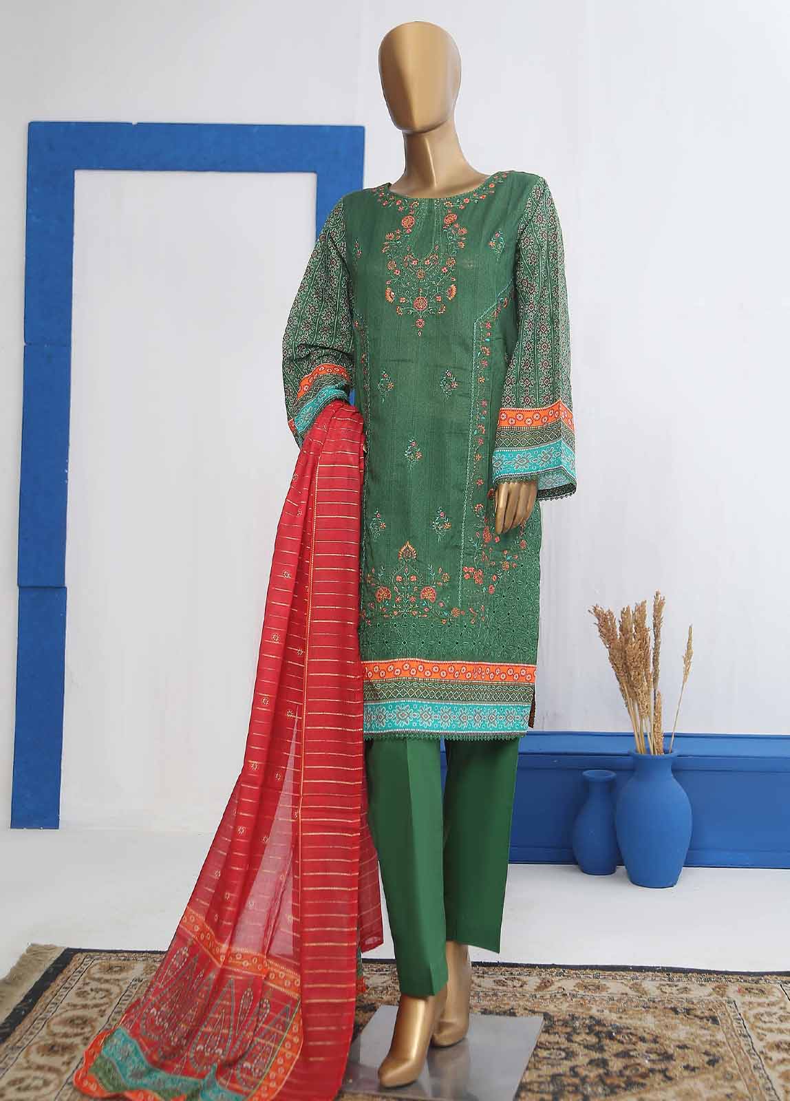 SMLE-0193- 3 Piece Embroidered Stitched Suit