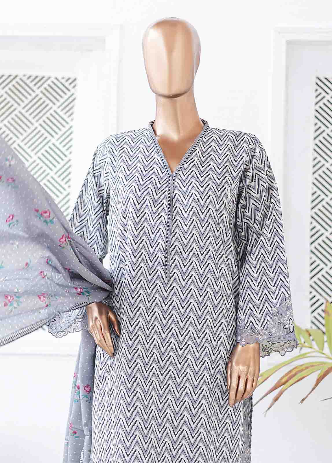 Bin Saeed Fabric - SMLE-0202 A-3 Piece Cutwork Kari Stitched Suit