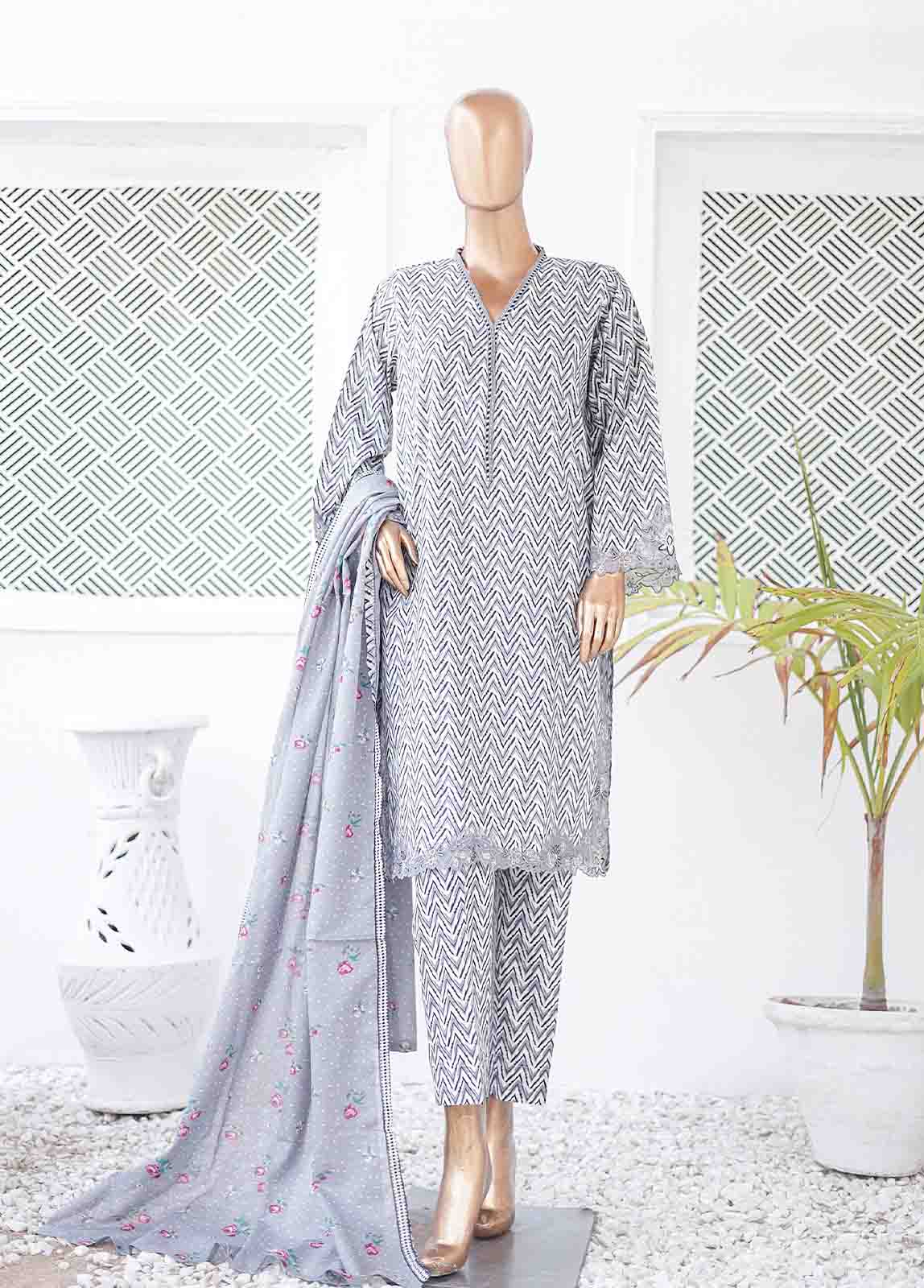Bin Saeed Fabric - SMLE-0202 A-3 Piece Cutwork Kari Stitched Suit