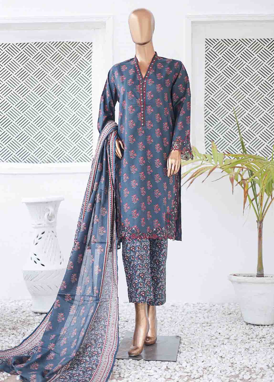 Bin Saeed Fabric - SMLE-0204 A-3 Piece Cutwork Kari Stitched Suit