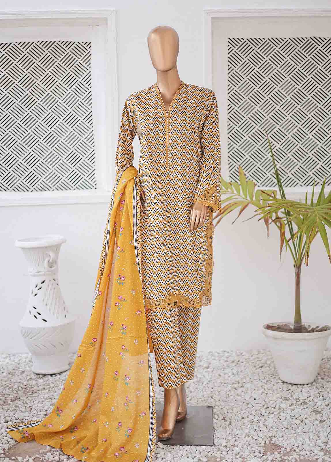 Bin Saeed Fabric - SMLE-0205 A-3 Piece Cutwork Kari Stitched Suit