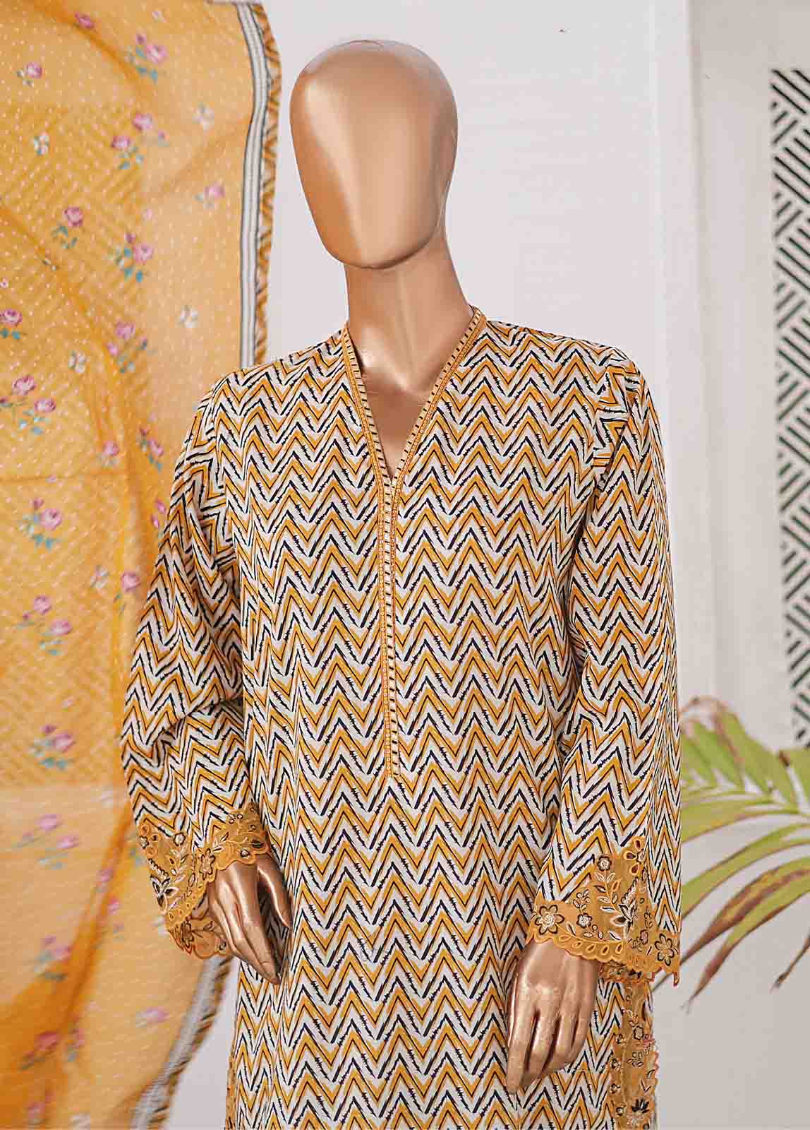 Bin Saeed Fabric - SMLE-0205 A-3 Piece Cutwork Kari Stitched Suit
