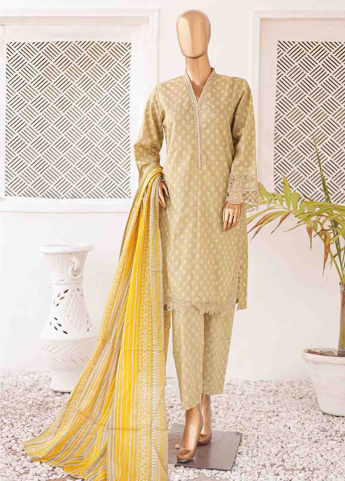 Bin Saeed Fabric - SMLE-0208 A-3 Piece Cutwork Kari Stitched Suit