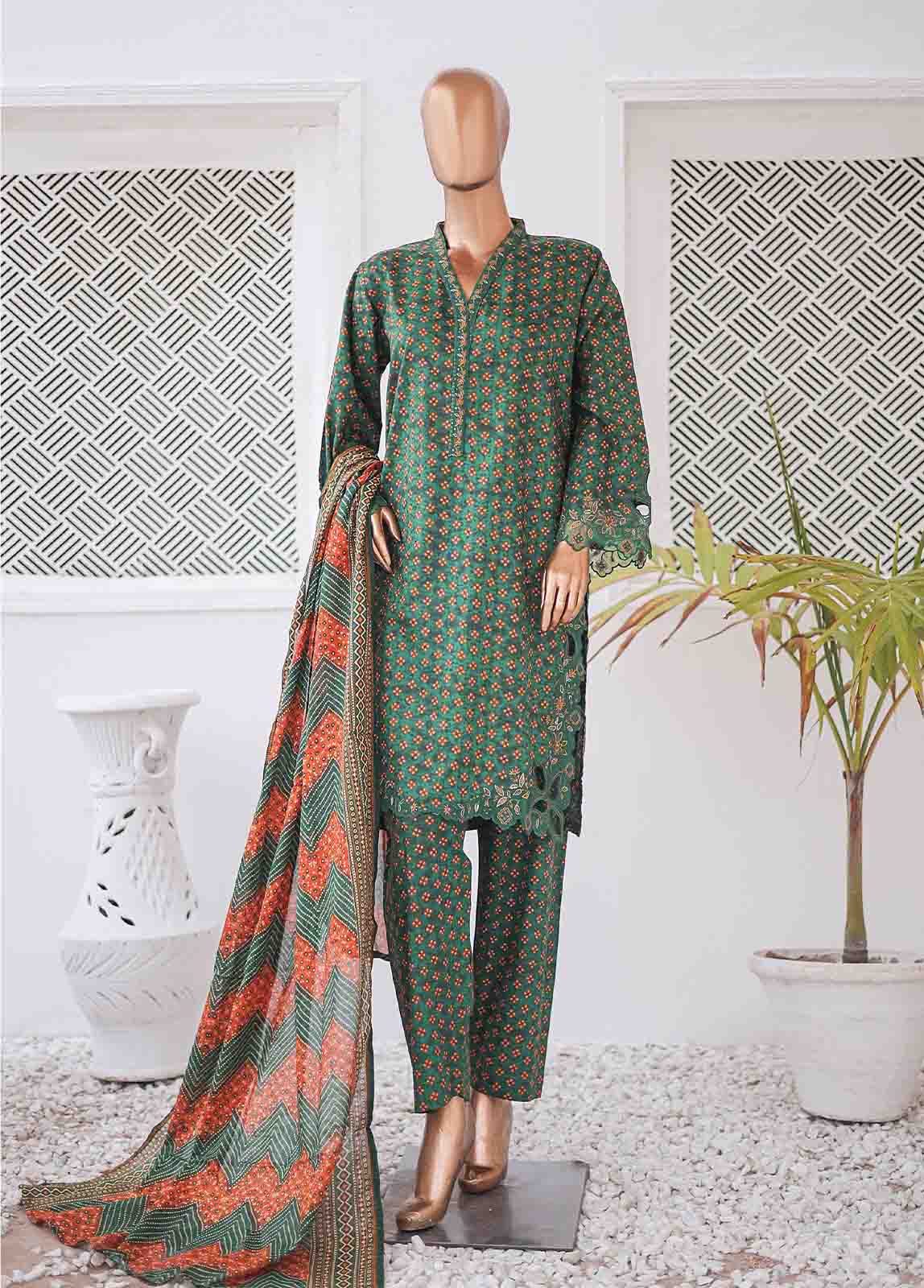Bin Saeed Fabric - SMLE-0210 A-3 Piece Cutwork Kari Stitched Suit