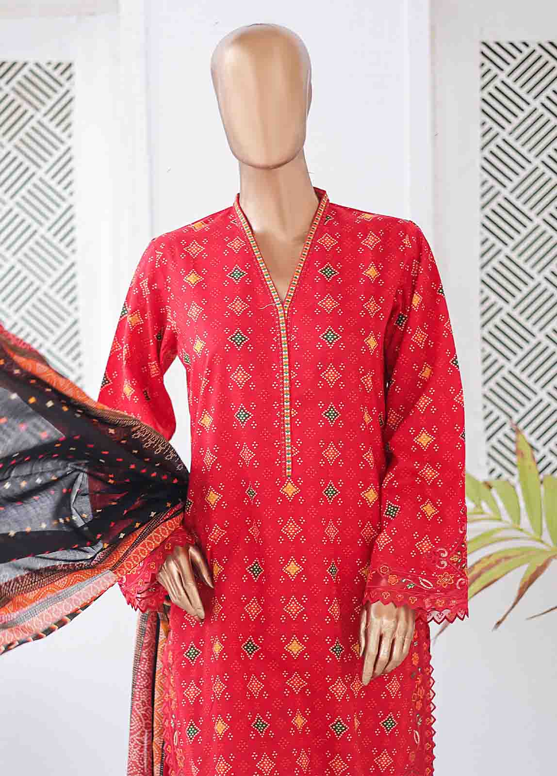 Bin Saeed Fabric - SMLE-0211 A-3 Piece Cutwork Kari Stitched Suit
