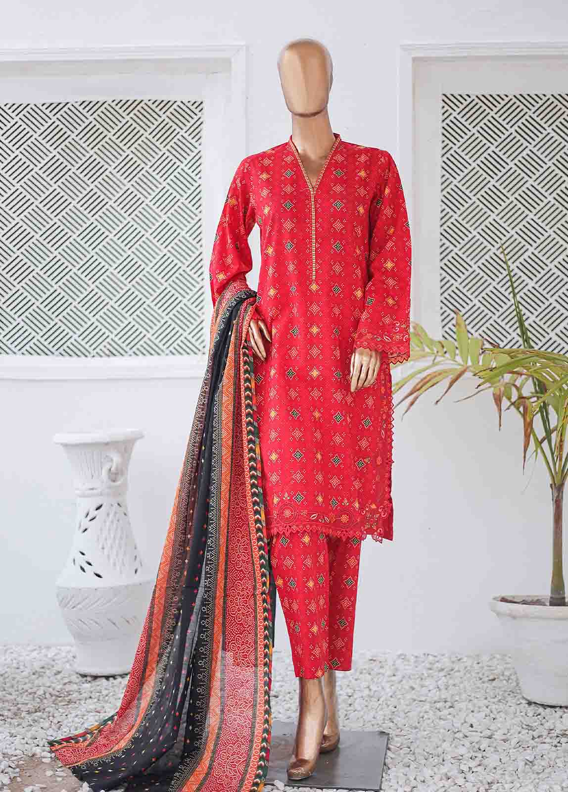 Bin Saeed Fabric - SMLE-0211 A-3 Piece Cutwork Kari Stitched Suit
