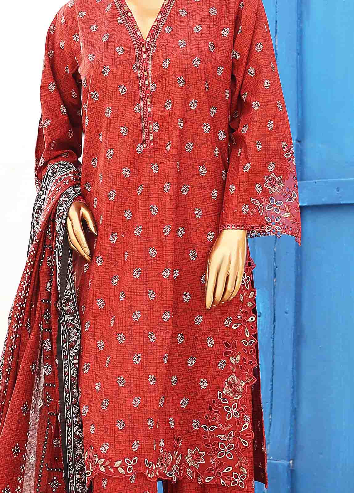 Bin Saeed Fabric - SMLE-0220-3 Piece Cutwork Kari Stitched Suit