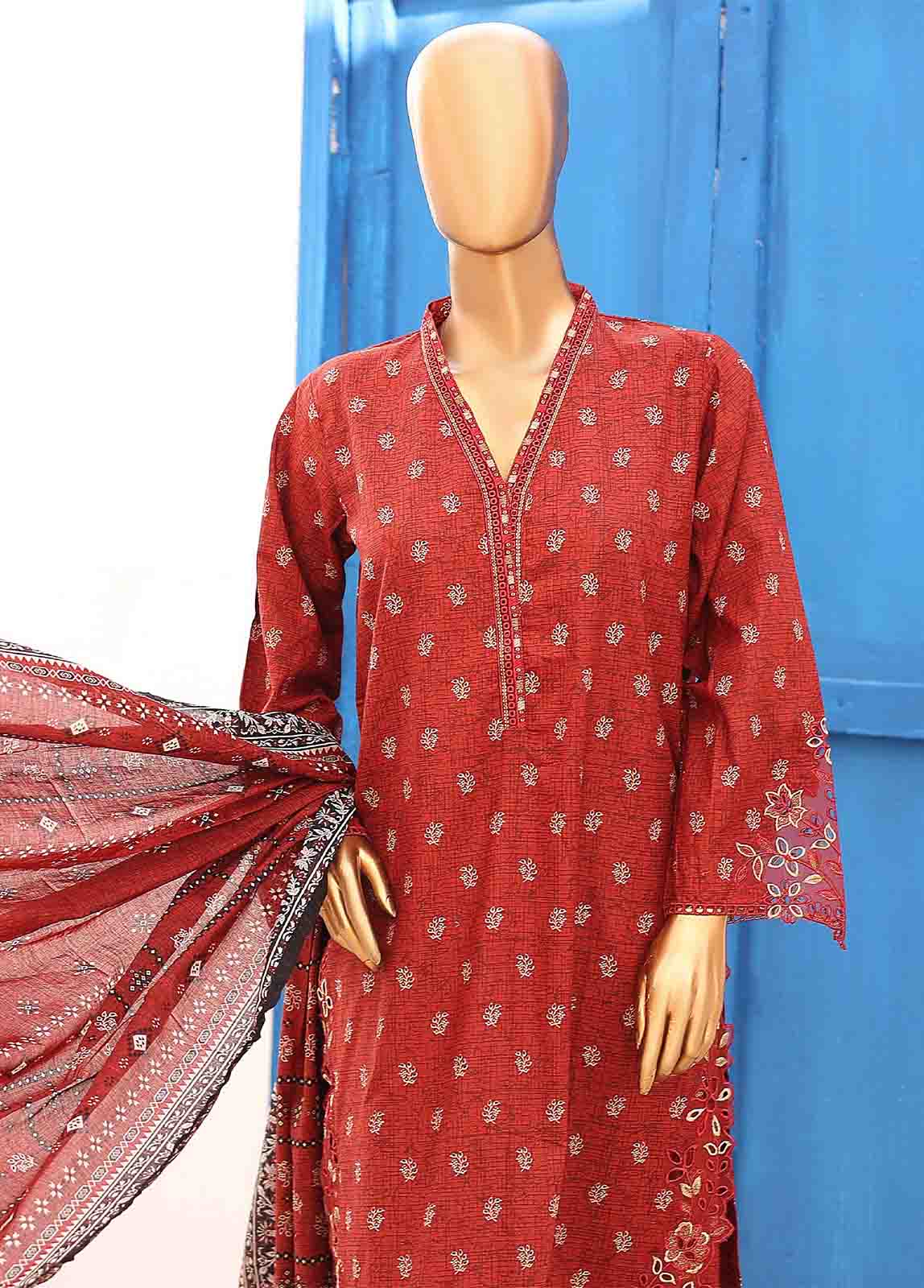 Bin Saeed Fabric - SMLE-0220-3 Piece Cutwork Kari Stitched Suit