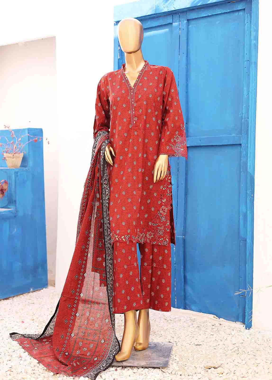 Bin Saeed Fabric - SMLE-0220-3 Piece Cutwork Kari Stitched Suit