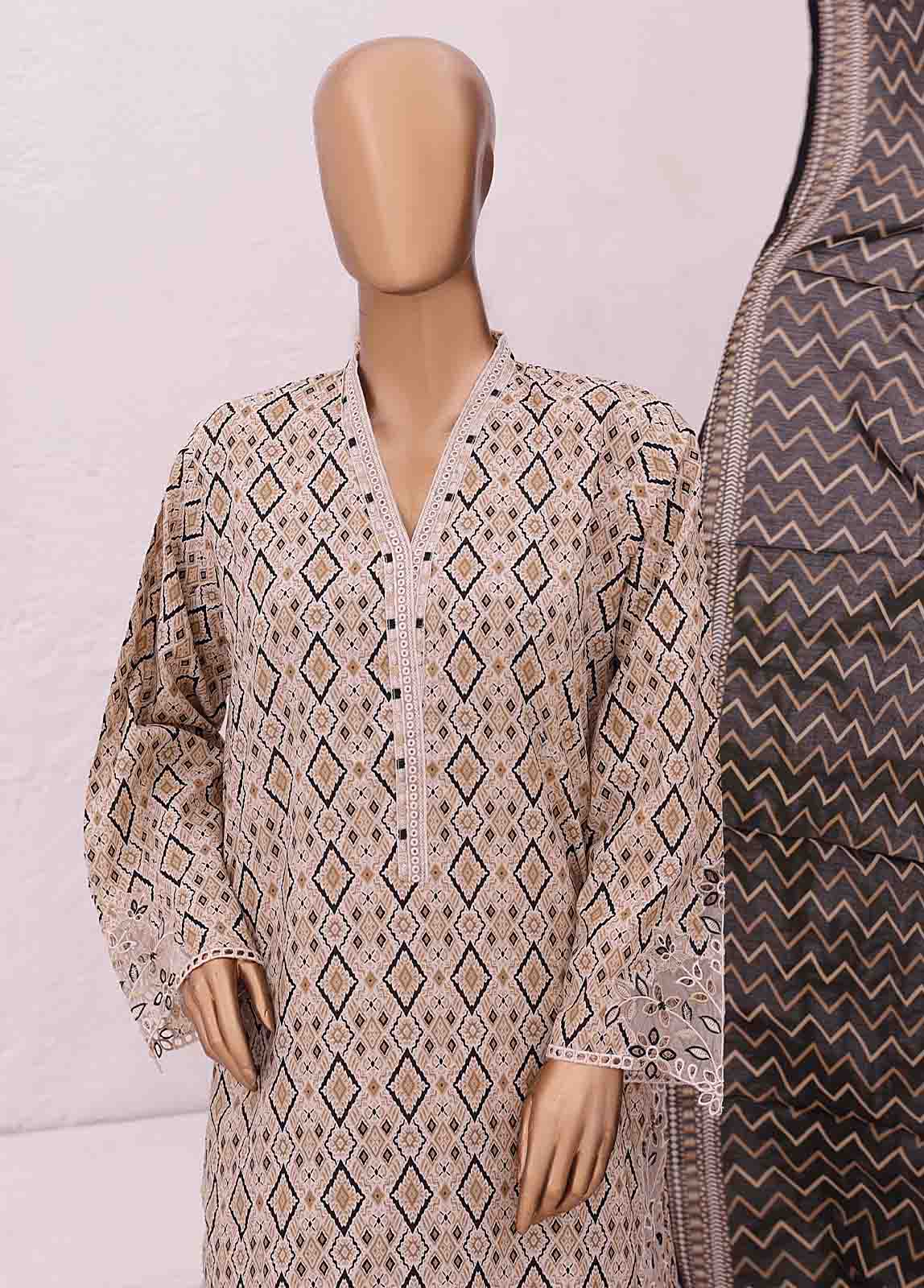 Bin Saeed Fabric - SMLE-0227-3 Piece Cutwork Kari Stitched Suit