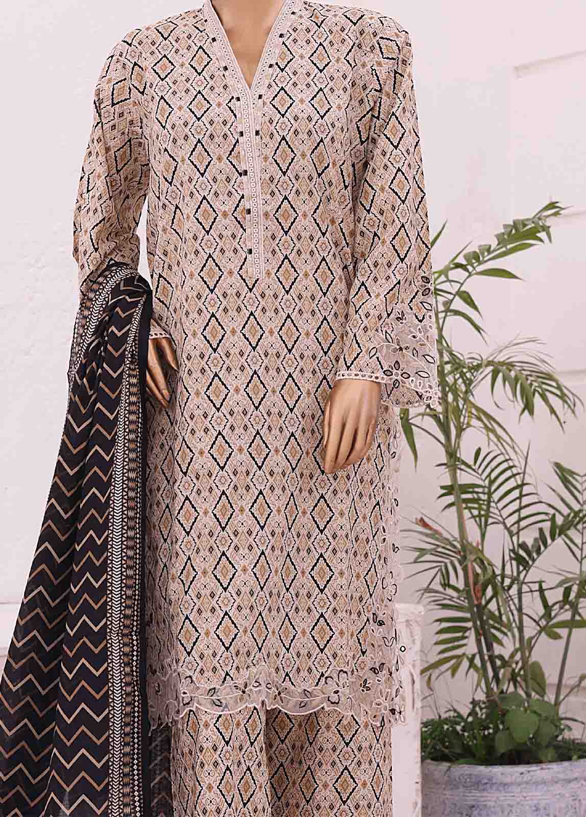Bin Saeed Fabric - SMLE-0227-3 Piece Cutwork Kari Stitched Suit