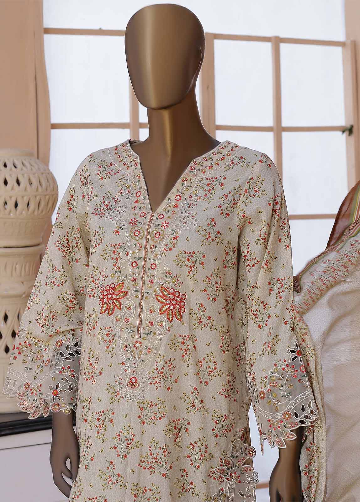 SMLE-0508- 3 Piece Embroidered Stitched Suit