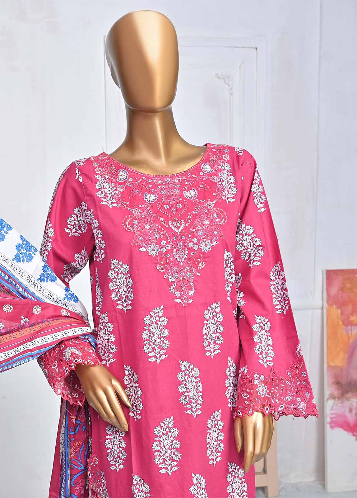 SMLE-0600- 3 Piece Embroidered Stitched Suit