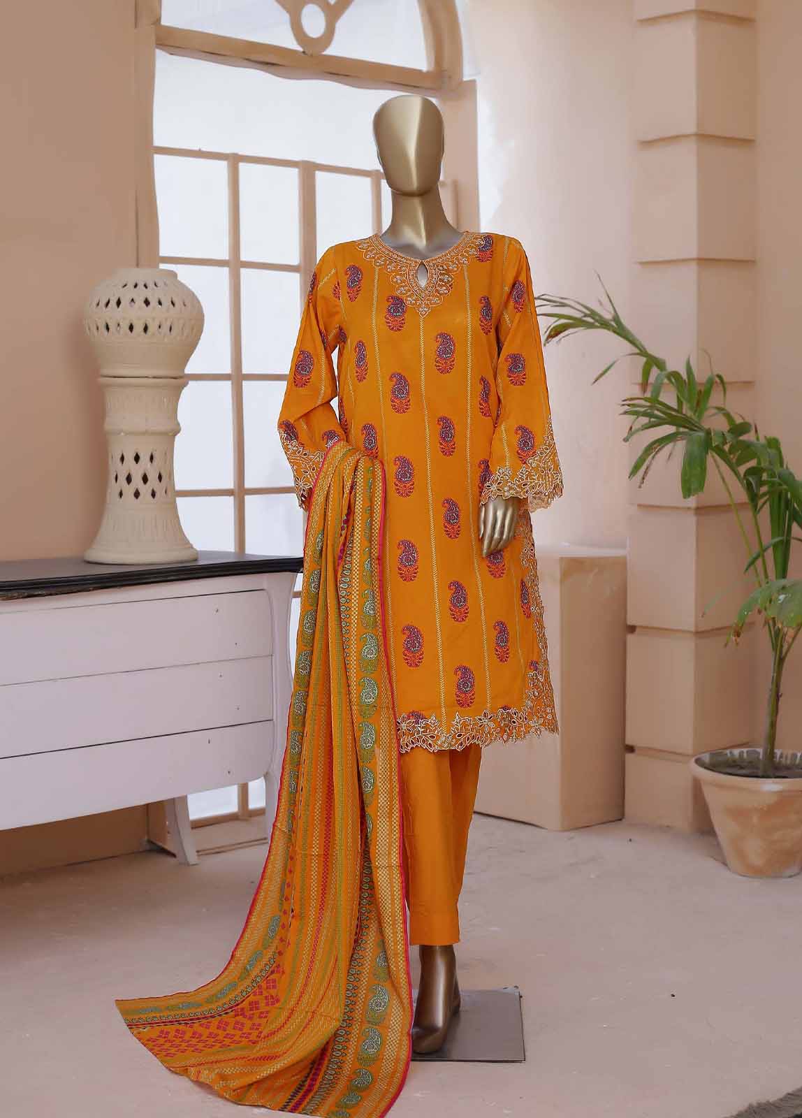 SMLE-0619- 3 Piece Embroidered Stitched Suit