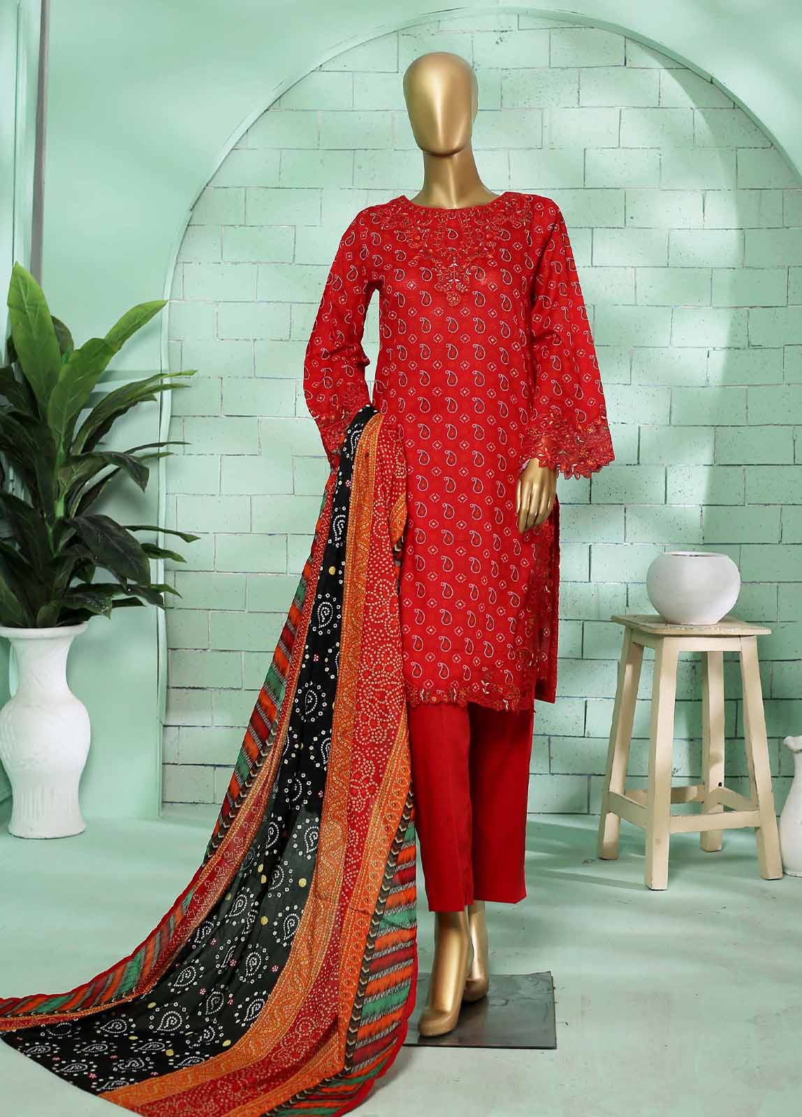 SMLE-0621- 3 Piece Embroidered Stitched Suit