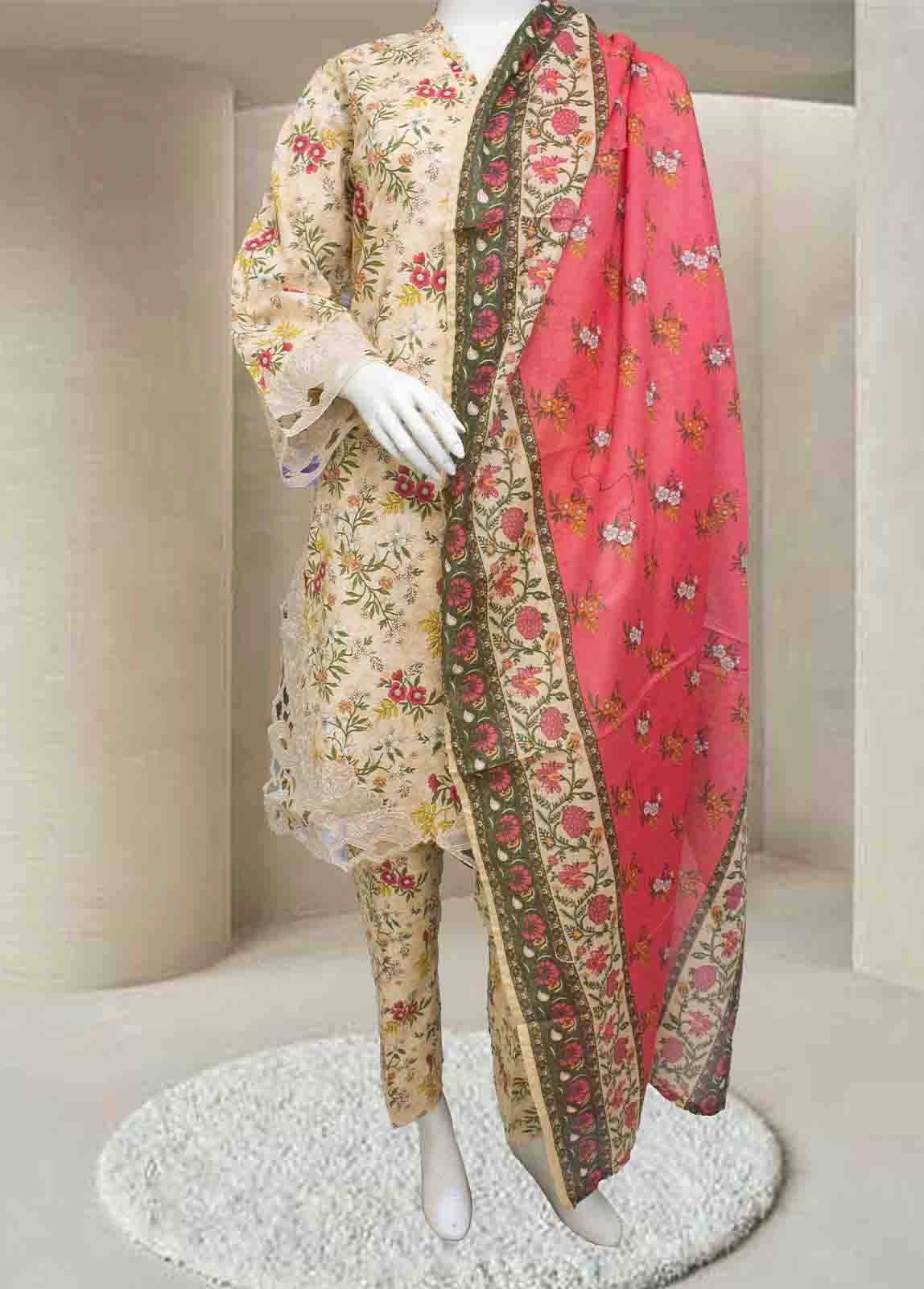 Bin Saeed Fabric - SMLE-0639-3 Piece Cutwork Kari Stitched Suit