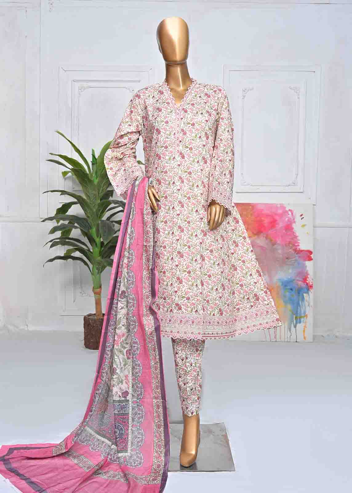 Bin Saeed Fabric - SMLE-069-FR-3 Piece Cotton Embroidered