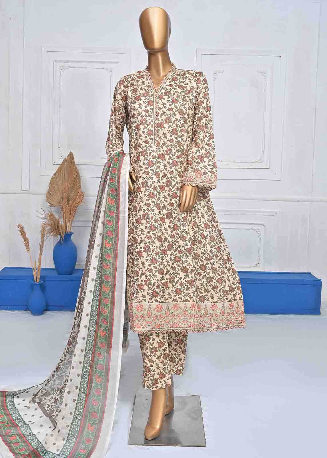Bin Saeed Fabric - SMLE-073-FR-3 Piece Cotton Embroidered