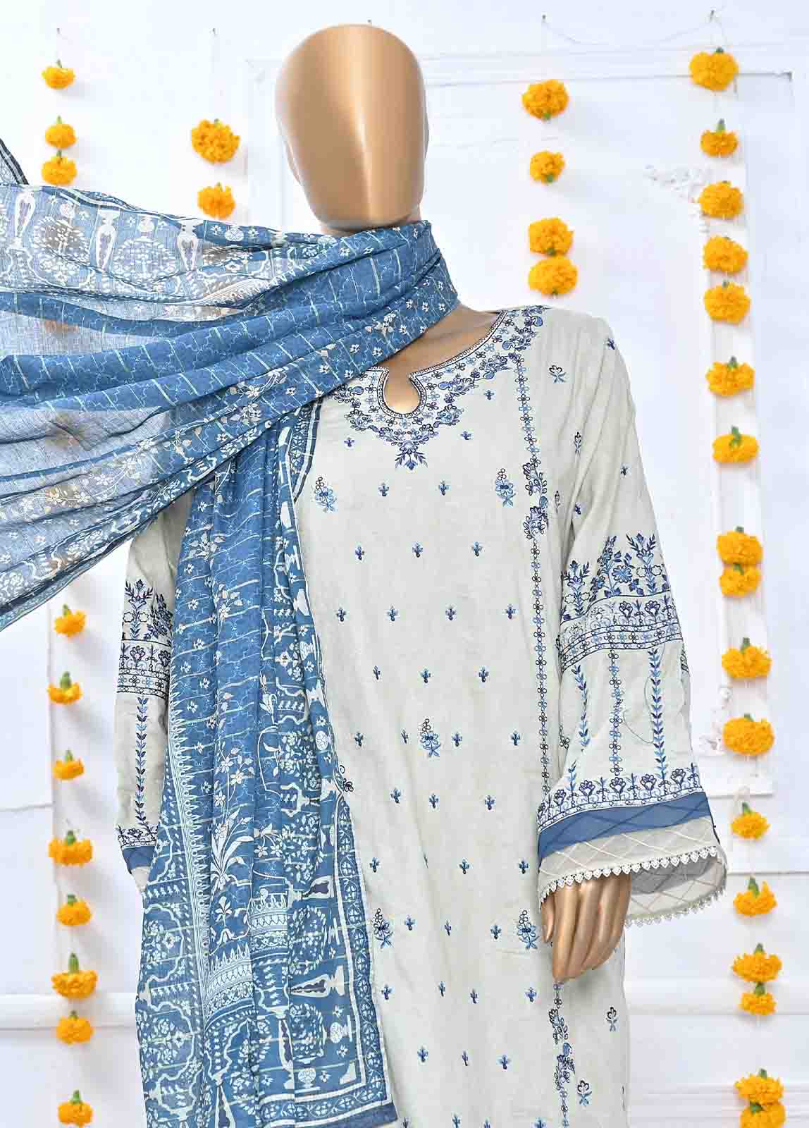 Bin Saeed Fabric - SMLF-376-MB-3 Piece Lawn Embroidered Suit