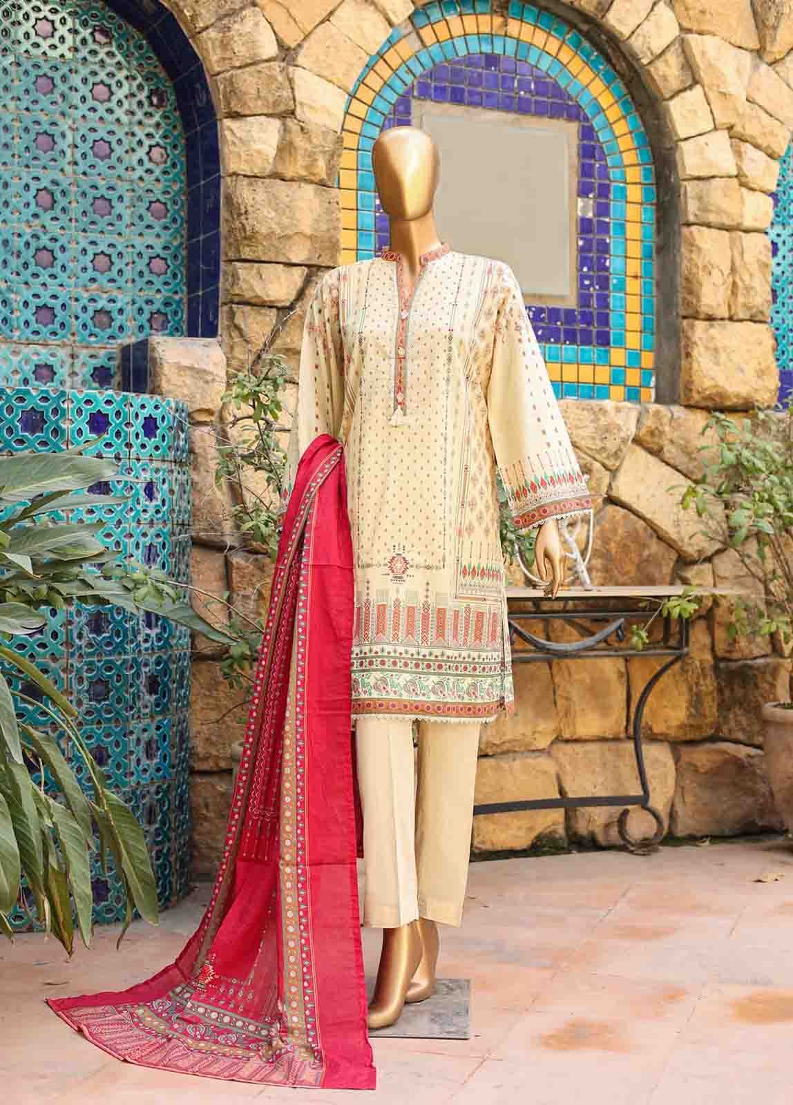 Bin Saeed Fabric - SMLF-PR-0673- 3 Piece Printed Stitched Suit
