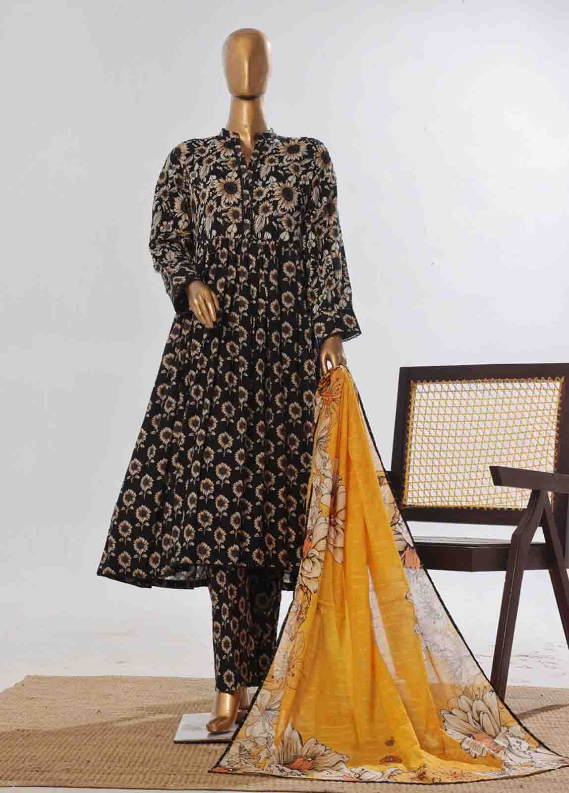 Bin Saeed Fabric - SMP-FR-0028-3 Piece Lawn Printed Frock Style Suit