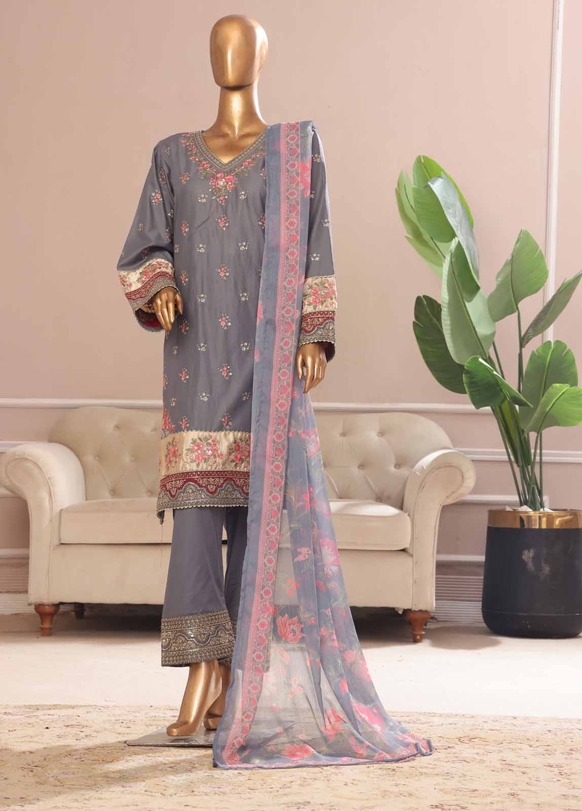 Bin Saeed Fabric - SMPC-017 O- 3 Piece Luxury Embroidered Stitched Suit