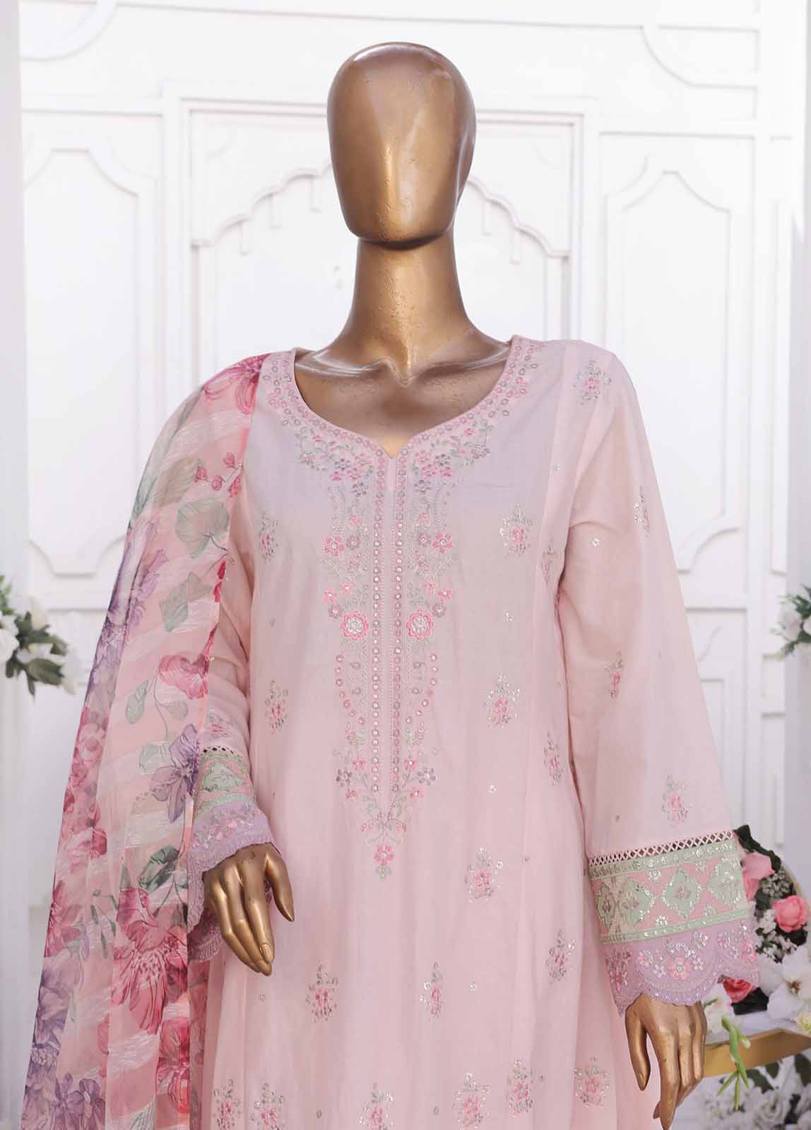 Bin Saeed Fabric - SMPC-FR-011 A-3 Piece Cotton Embroidered Frock Style Suit