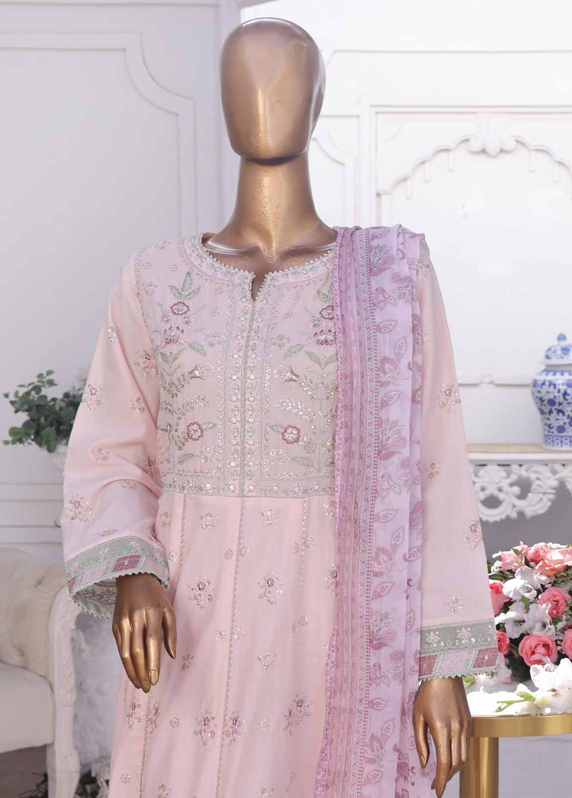 Bin Saeed Fabric - SMPC-FR-011 O-3 Piece Cotton Embroidered Frock Style Suit