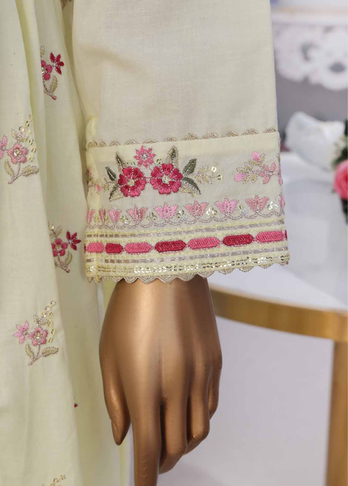 Bin Saeed Fabric - SMPC-FR-012 R-3 Piece Cotton Embroidered Frock Style Suit