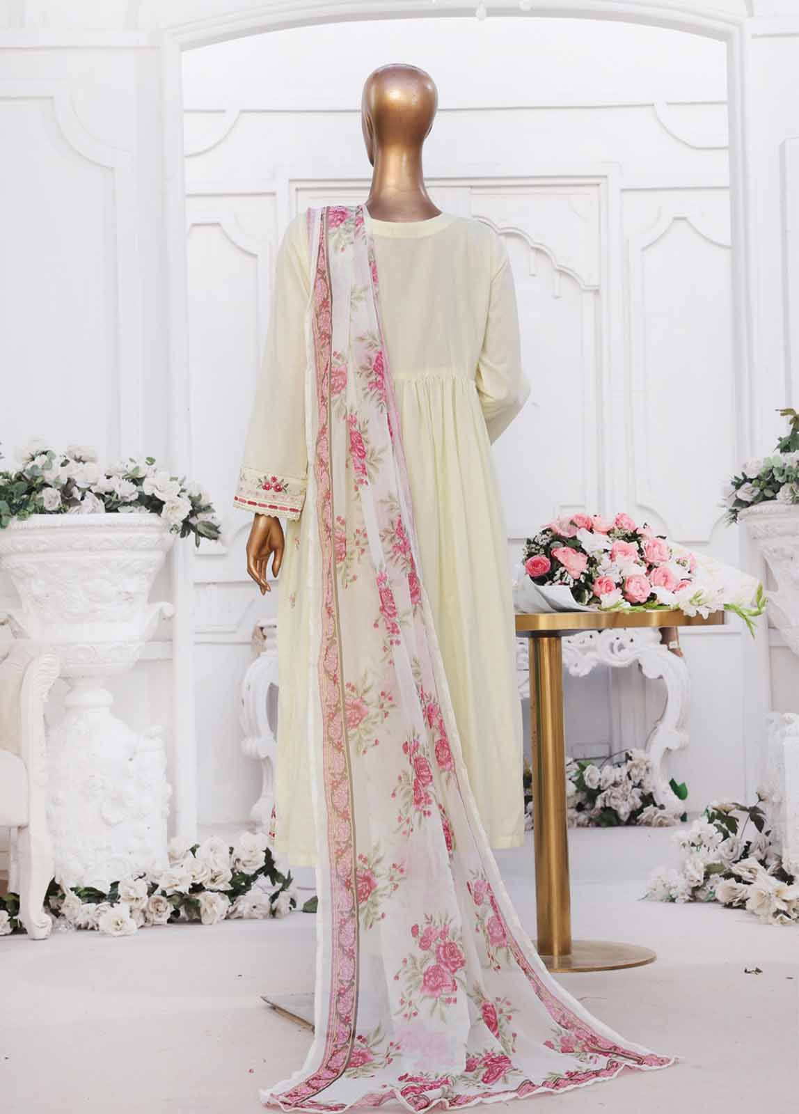 Bin Saeed Fabric - SMPC-FR-012 R-3 Piece Cotton Embroidered Frock Style Suit