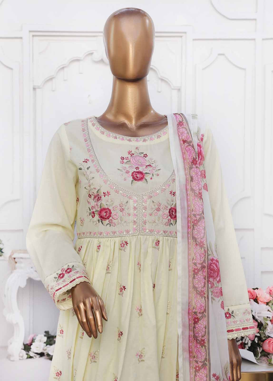 Bin Saeed Fabric - SMPC-FR-012 R-3 Piece Cotton Embroidered Frock Style Suit