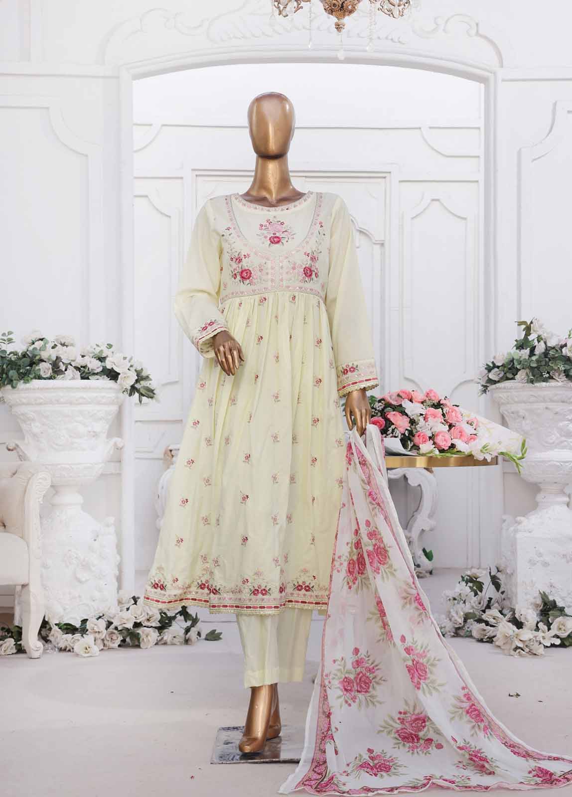 Bin Saeed Fabric - SMPC-FR-012 R-3 Piece Cotton Embroidered Frock Style Suit