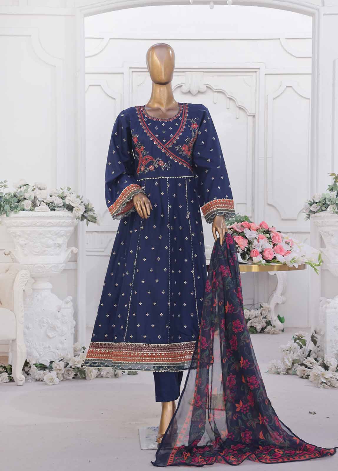 Bin Saeed Fabric - SMPC-FR-020 B-3 Piece Cotton Embroidered Frock Style Suit