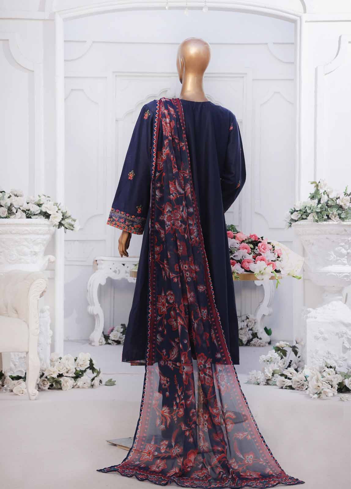 Bin Saeed Fabric - SMPC-FR-026 A-3 Piece Cotton Embroidered Frock Style Suit