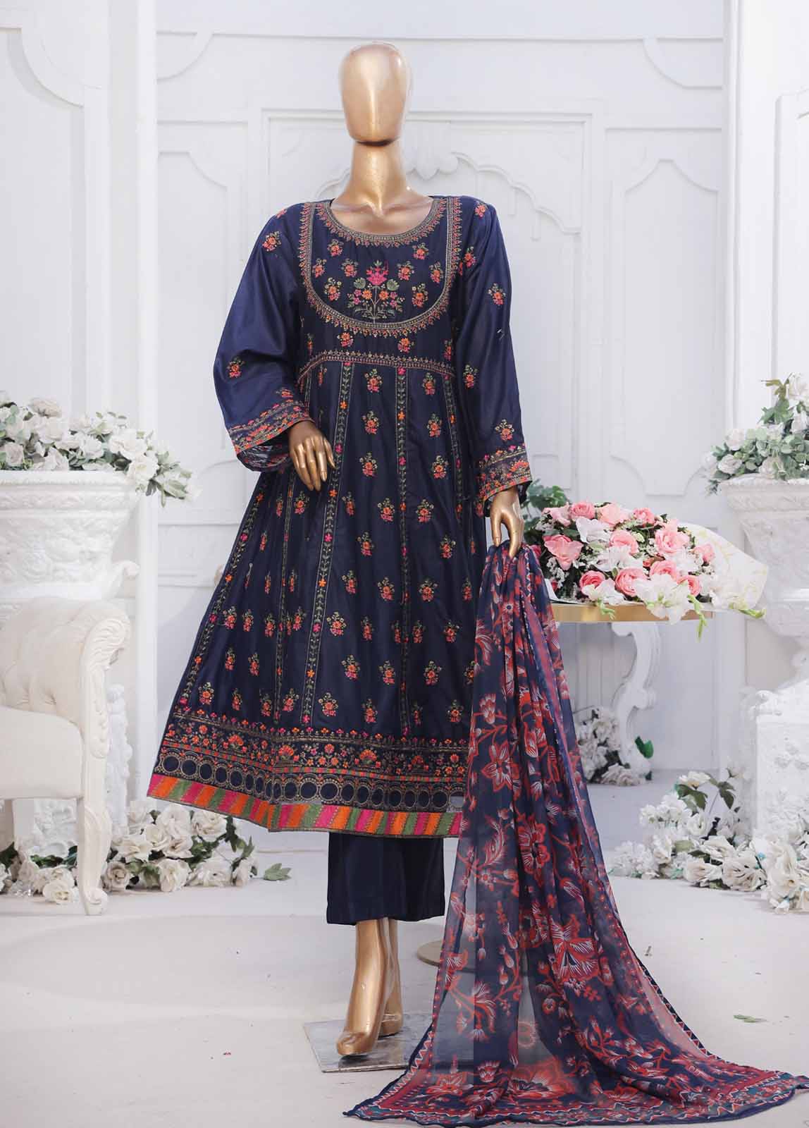 Bin Saeed Fabric - SMPC-FR-026 A-3 Piece Cotton Embroidered Frock Style Suit