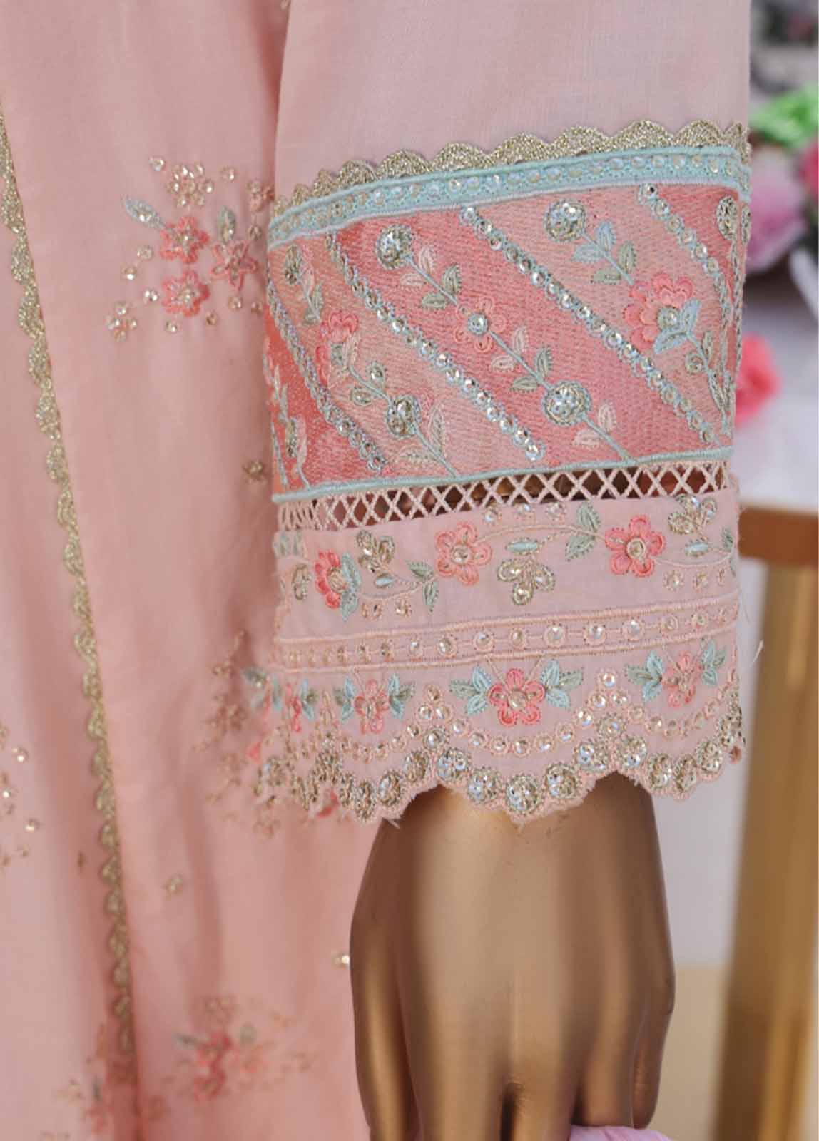 Bin Saeed Fabric - SMPC-FR-03 A-3 Piece Cotton Embroidered Frock Style Suit