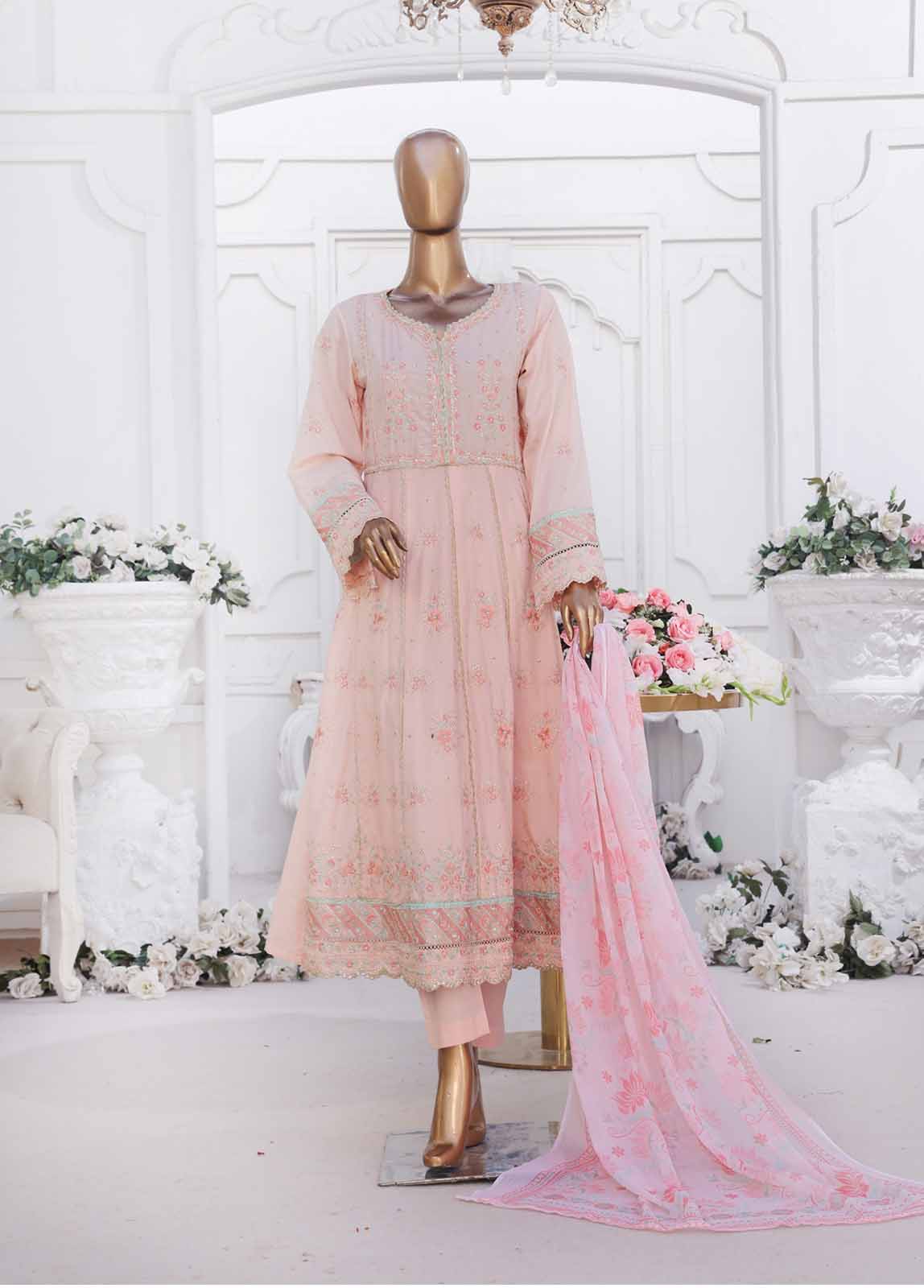 Bin Saeed Fabric - SMPC-FR-03 A-3 Piece Cotton Embroidered Frock Style Suit