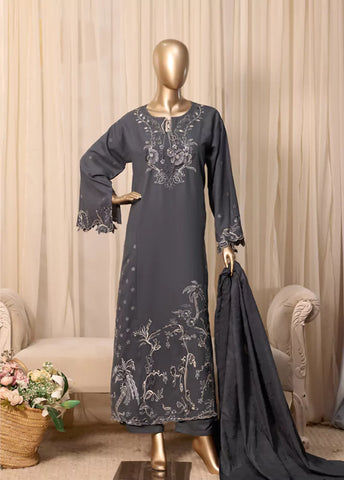 3 Piece Printed Stitched Charcoal Grey Color Slub Viscose Kaftan with Trouser & Dupatta