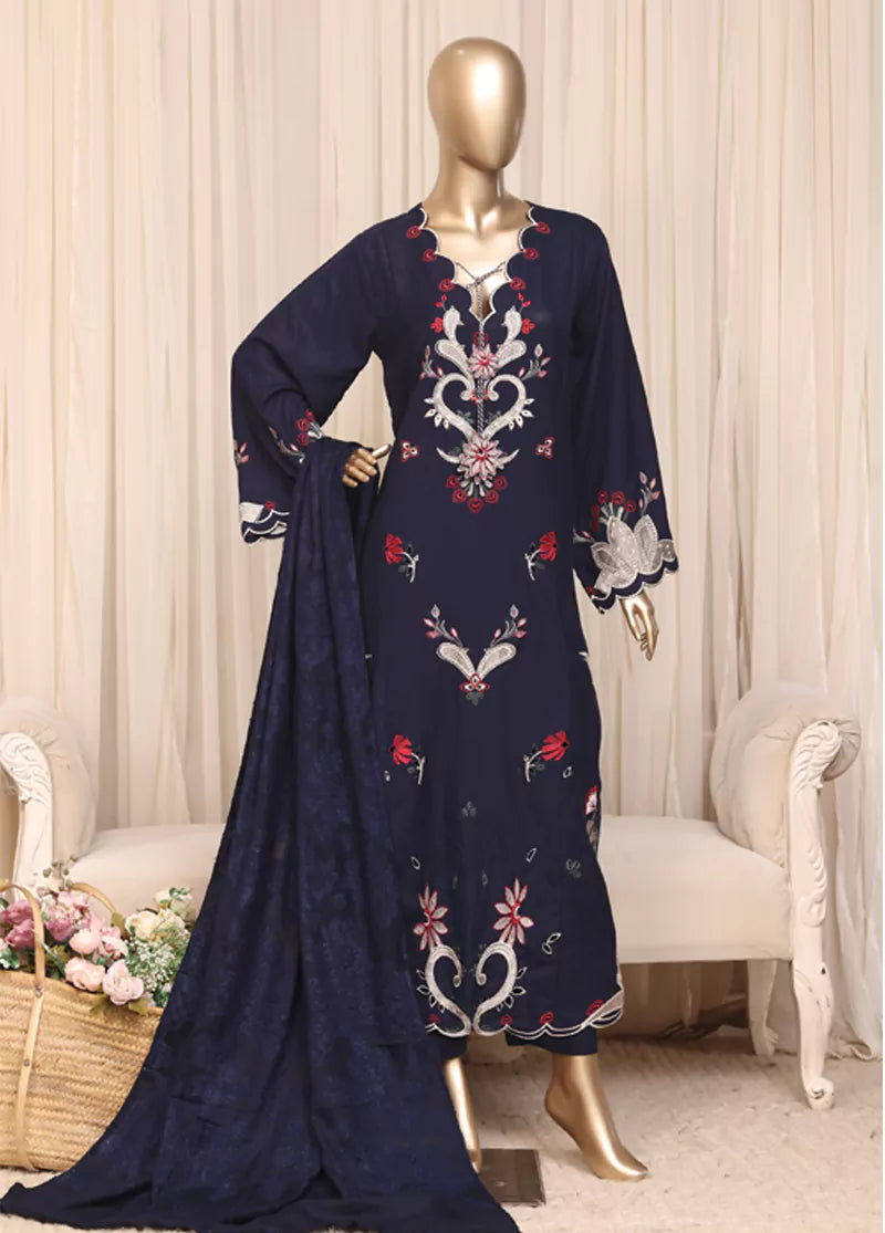 3 Piece Printed Stitched Sapphire Blue Color Slub Viscose Kaftan with Trouser & Dupatta