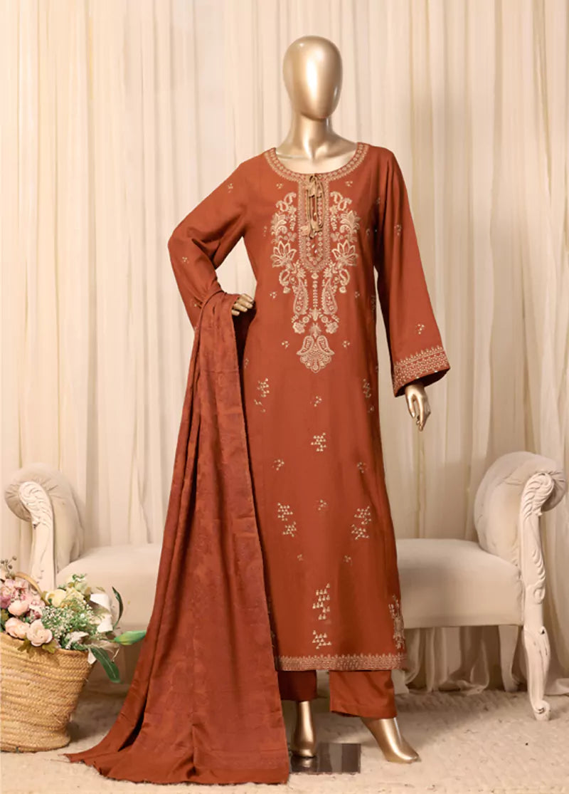 3 Piece Printed Stitched Rust Color Slub Viscose Kaftan with Trouser & Dupatta