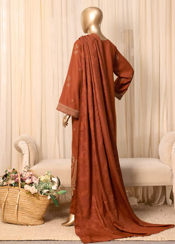 3 Piece Printed Stitched Rust Color Slub Viscose Kaftan with Trouser & Dupatta